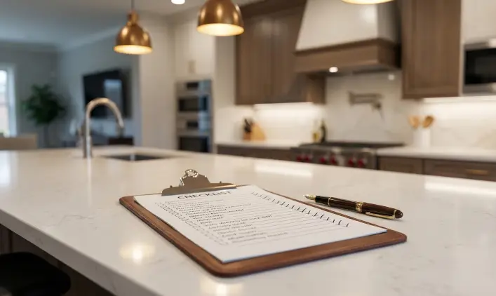A luxury clipboard with a detailed 180-point checklist resting on a quartz kitchen island, symbolizing precision and audit