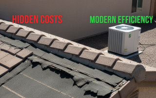 Drone view of a 1990s Las Vegas stucco home highlighting weathered roof tiles and aging infrastructure.