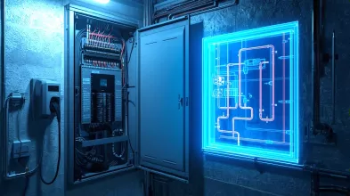 X-ray view of modern 200-amp electrical panel and copper plumbing infrastructure.