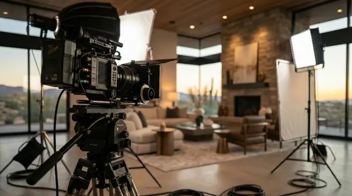 Behind-the-scenes of a luxury real estate video shoot, featuring a professional cinema camera in the foreground and lighting equipment being adjusted in a modern living room with desert sunset views to showcase the Cinematic Listing Protocol