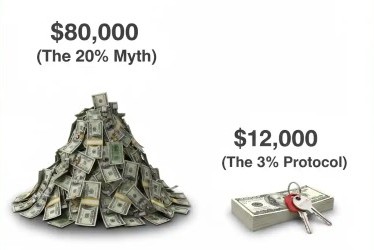 Comparison infographic showing the approachability of a 3% down payment vs the high barrier of a 20% down payment.