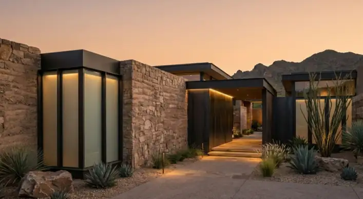 Minimalist luxury exterior with privacy focus