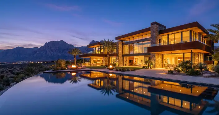 Close-up of a professional cinema camera lens reflecting a luxury interior, representing high production value