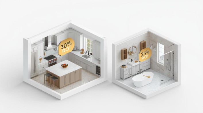 3D architectural cutaway showing ROI percentages for kitchen and bathroom renovations.