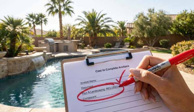 Luxury backyard pool with a cost analysis clipboard showing 'Pool Included' savings.